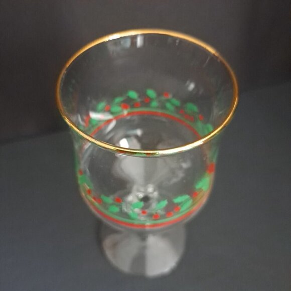 Vintage Holiday Glass Goblet Holly & Berry Design Gold Rim - Picture 7 of 11